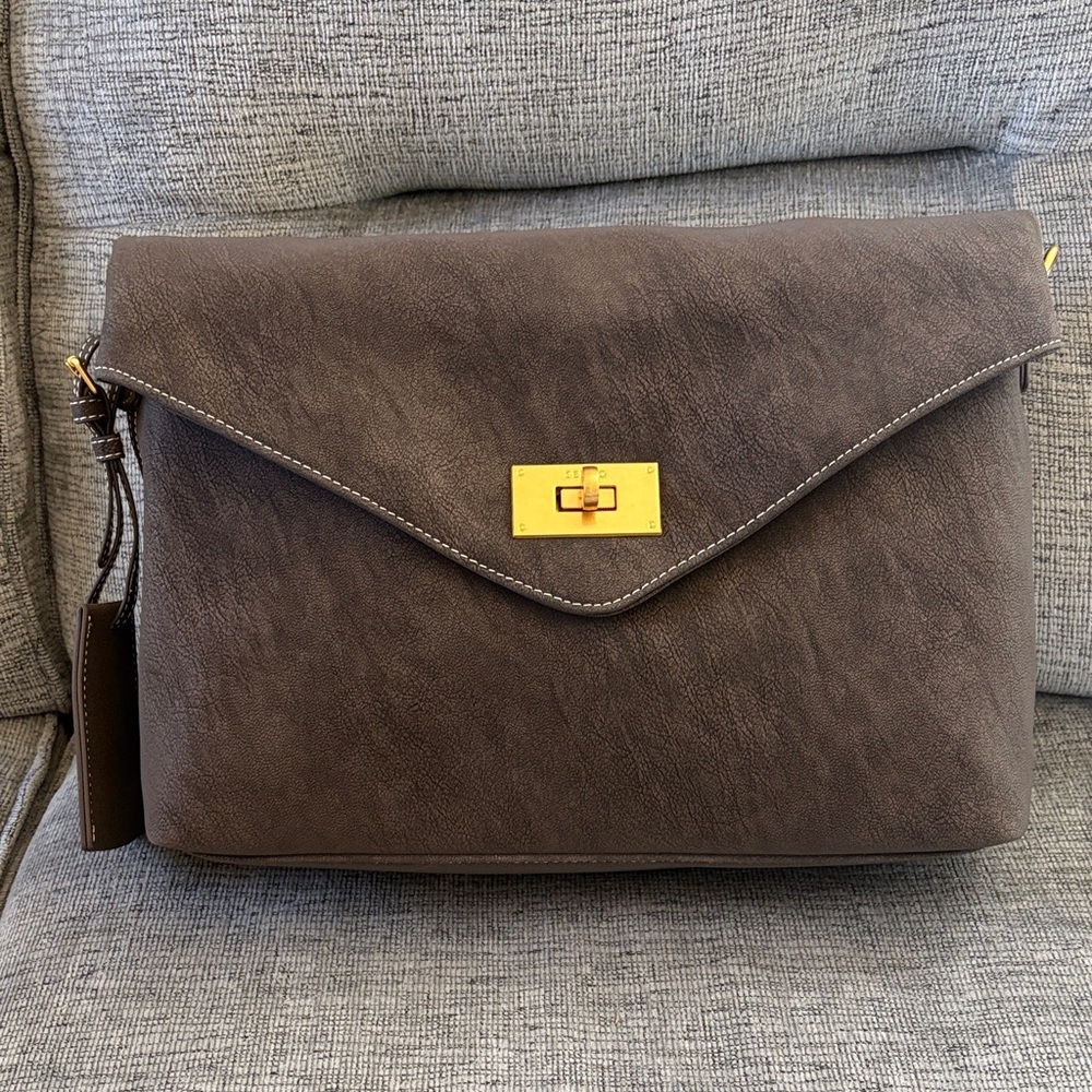 Brown Envelope Flap Women's Shoulder Bag with Gold Hardware